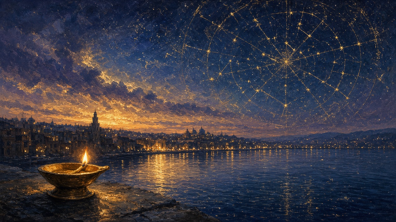 A dusk city and a brass lamp, for a Delhi birth chart