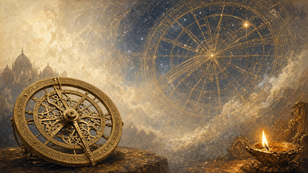 A sidereal sky wheel and a brass lamp, for a natal chart compared with a Kundli